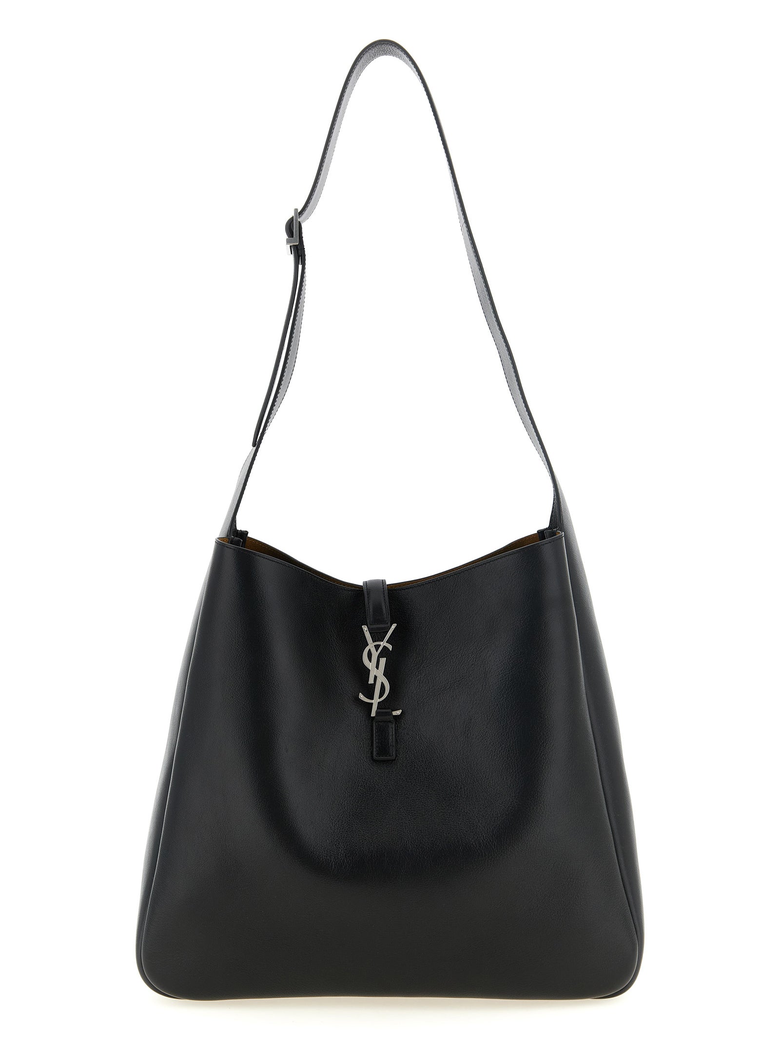 Saint Laurent Le 5 A 7 Maxi Hobo bag in grained calfskin leather with silver Cassandre hook closure.