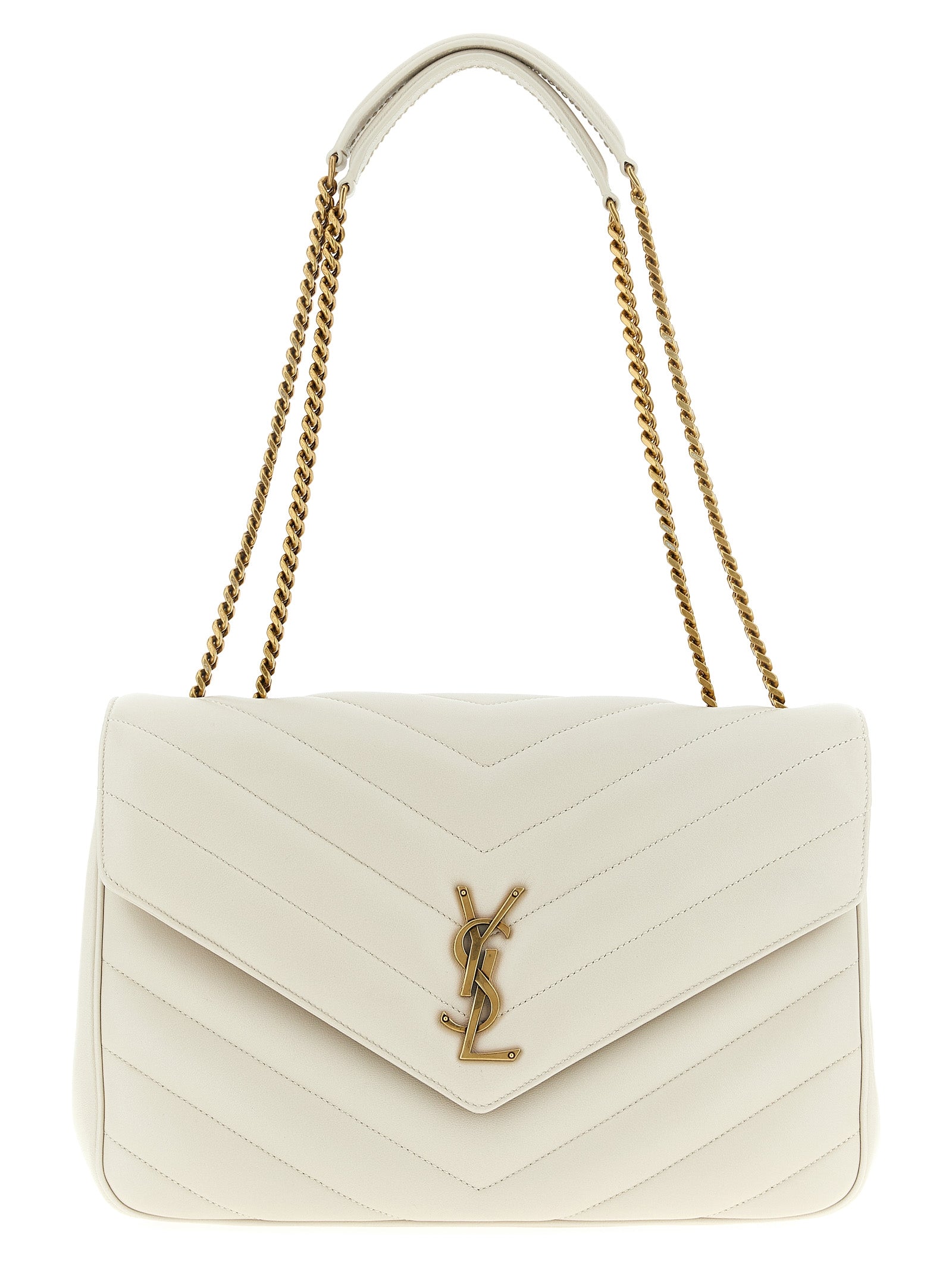 Saint Laurent Loulou Large shoulder bag in pristine white chevron-quilted matelassé lambskin leather featuring a bronze monogram logo and sliding chain strap from The Exclusive Line Singapore.