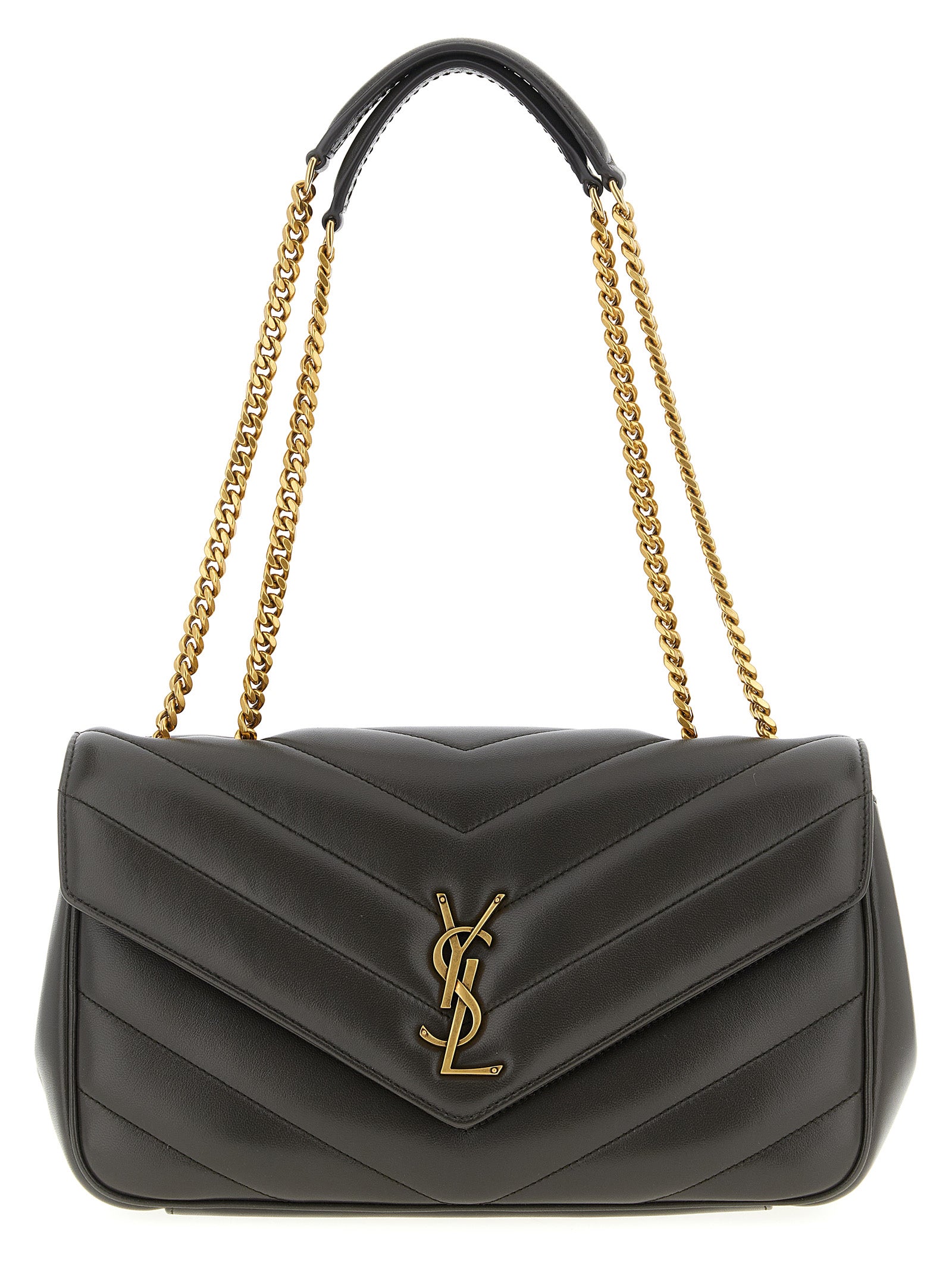 Saint Laurent Loulou Medium shoulder bag in urban grey chevron-quilted matelassé lambskin leather featuring a bronze monogram logo and sliding chain strap from The Exclusive Line Singapore.
