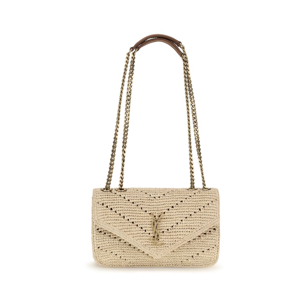 Saint Laurent Loulou Small shoulder bag in natural chevron-crocheted raffia with a sliding bronze chain strap from The Exclusive Line Singapore.
