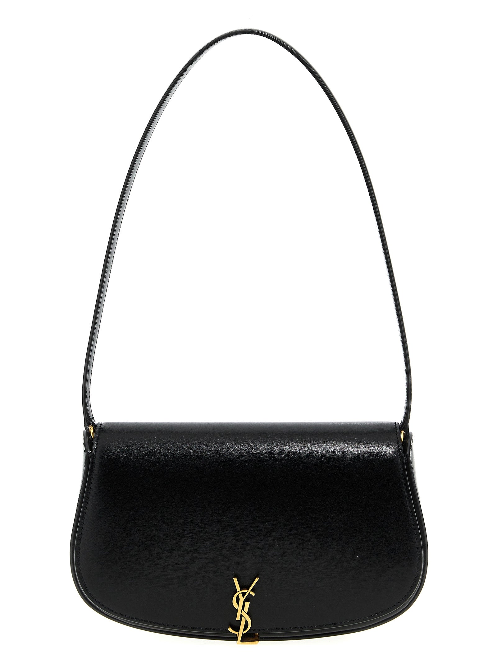 Saint Laurent Voltaire Mini Box shoulder bag in black gently polished calfskin leather featuring a half-moon silhouette and a bronze CASSANDRE hinge closure from The Exclusive Line Singapore.