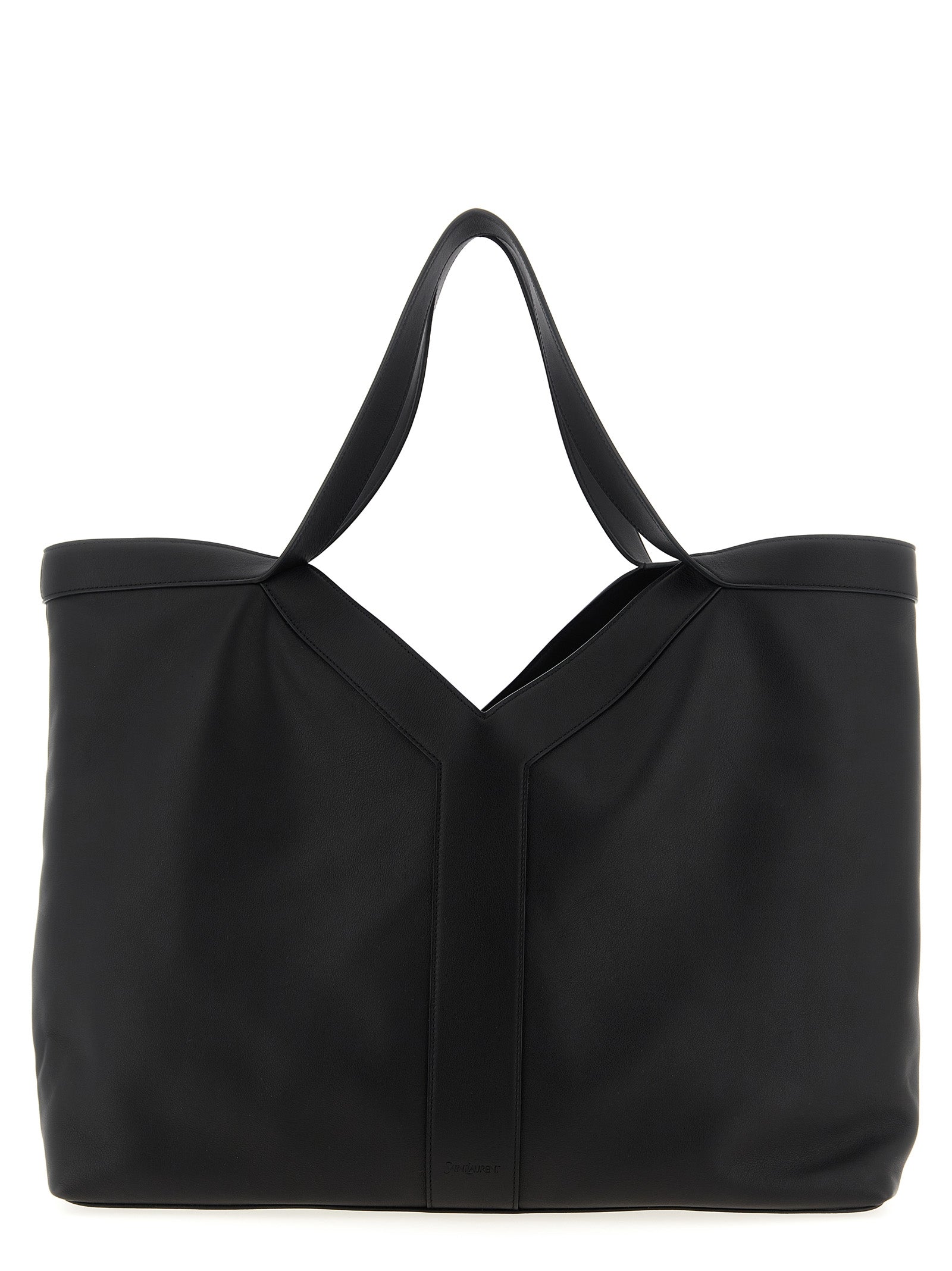 Saint Laurent Y Large Tote bag in black finely grained leather featuring subtle archival Y-stitching details and long over-the-shoulder straps from The Exclusive Line Singapore.