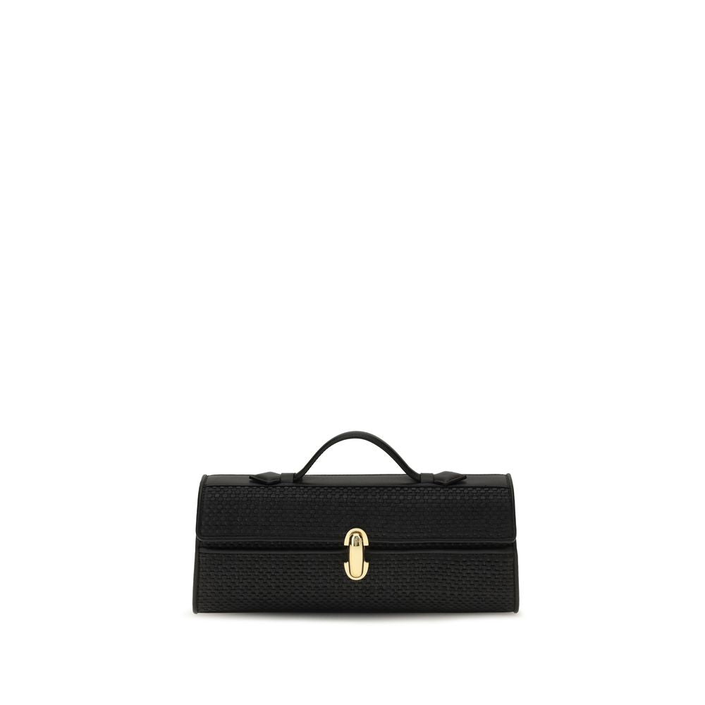 Savette Slim Symmetry Pochette bag in black woven raffia with smooth calf leather trim, featuring an elongated geometric silhouette and polished silver-tone turnlock.
