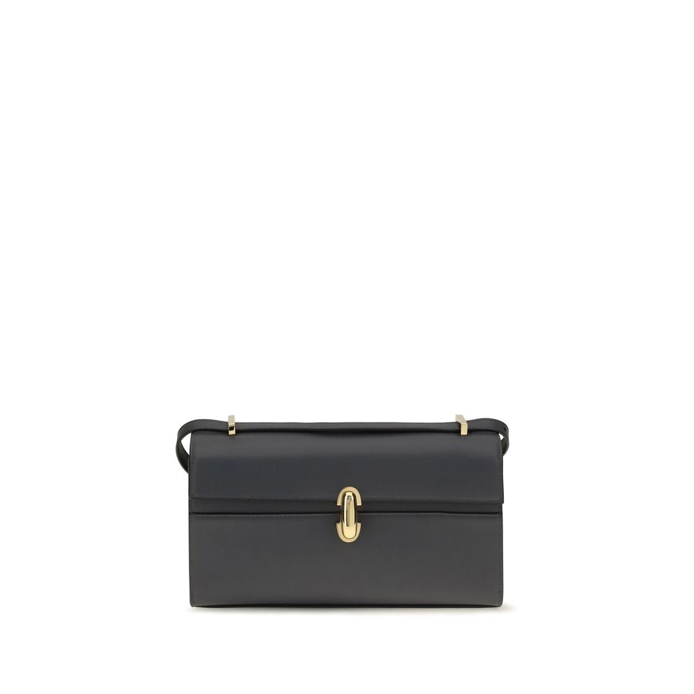 Savette Symmetry 26 storm gray leather bag showcasing its elongated geometric silhouette, clean lines, and signature polished turnlock hardware.