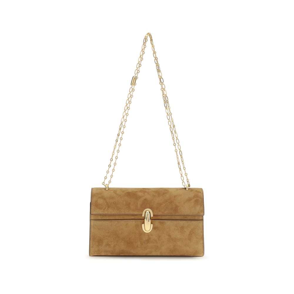 Savette Symmetry Chain Pochette in Saddle calf suede with polished metal turnlock closure – The Exclusive Line Singapore