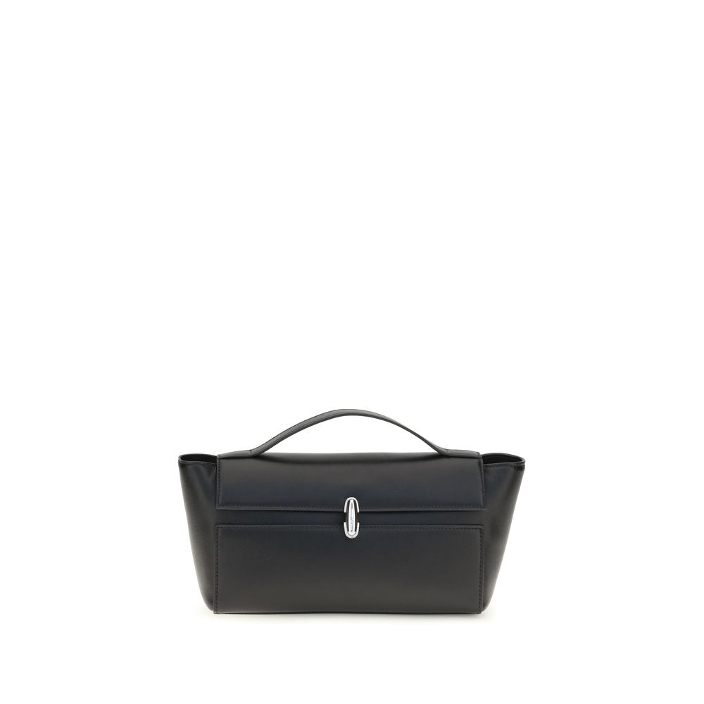 Savette Symmetry Trapeze Pochette in Black calf leather with signature turnlock and sleek top handle – The Exclusive Line Singapore