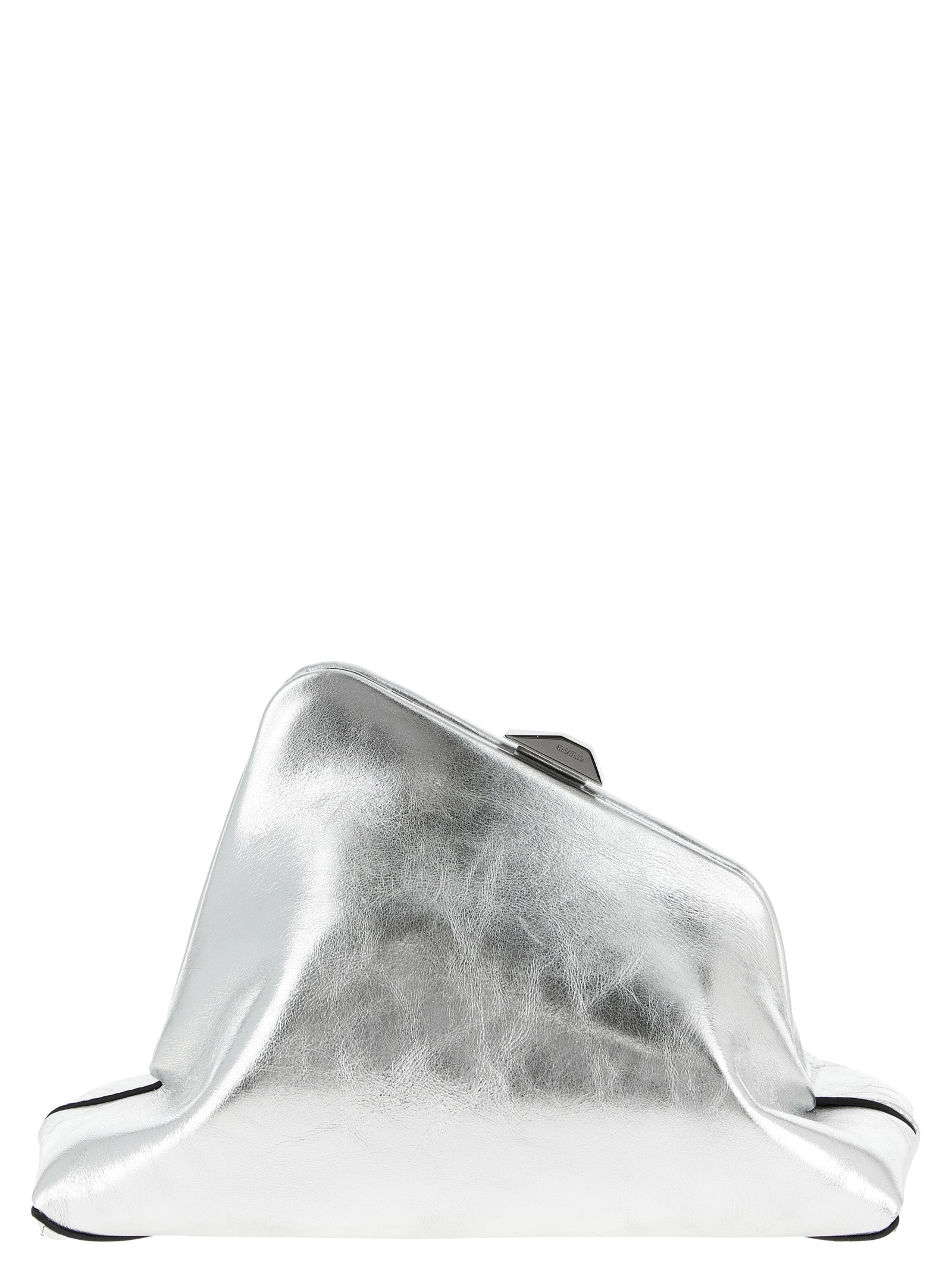 The Attico Day Off Small Clutch Bag in metallic silver calf leather with a unique textured craquelé laminated finish from The Exclusive Line Singapore.