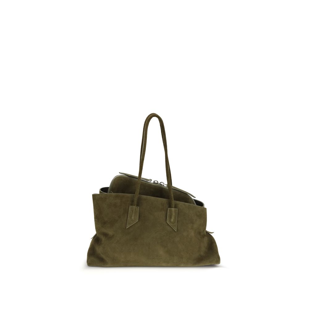 The Attico La Passeggiata Medium Top Handle Bag in khaki suede with structured tubular handles from The Exclusive Line.