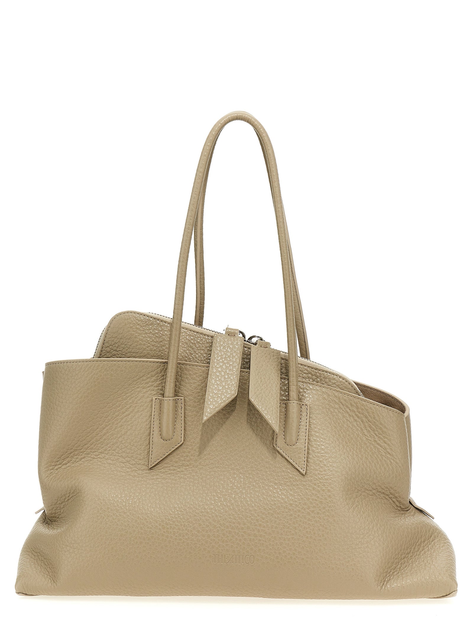 The Attico La Passeggiata Medium Top Handle Bag in warm sand grained leather with structured tubular handles from The Exclusive Line Singapore.
