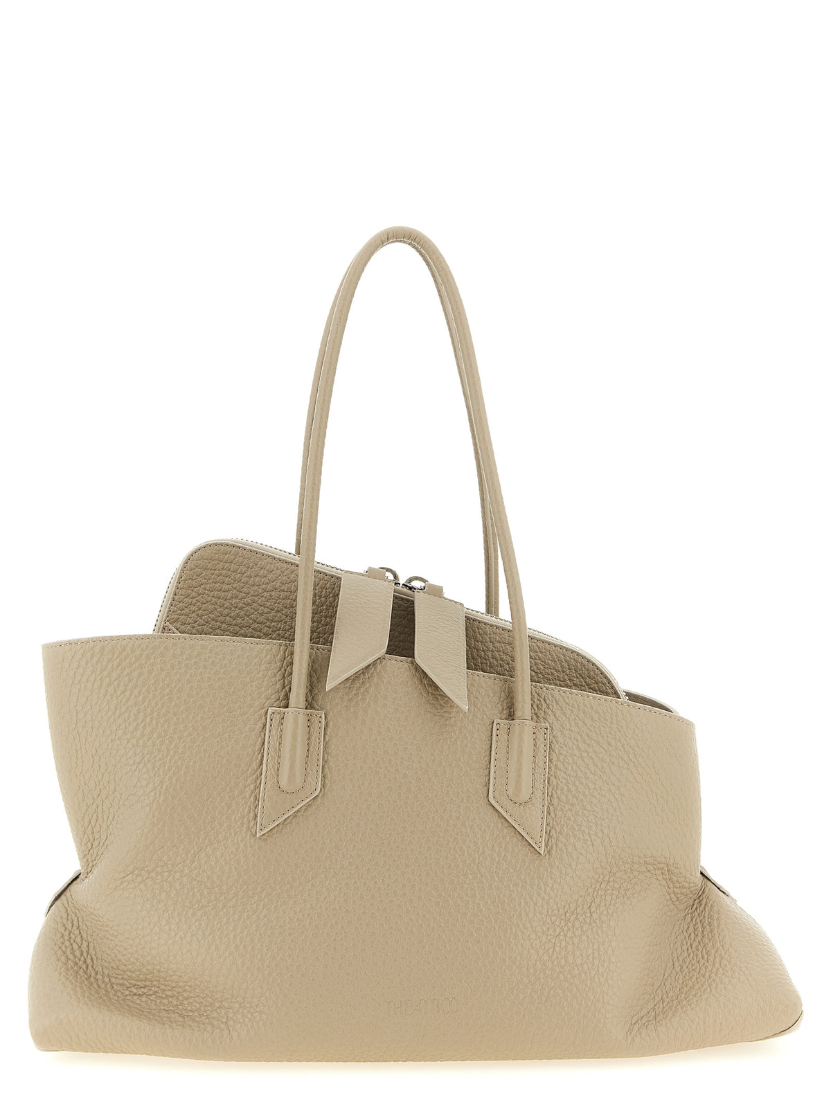 The Attico La Passeggiata Medium Top Handle Bag in warm sand grained leather with structured tubular handles from The Exclusive Line Singapore.