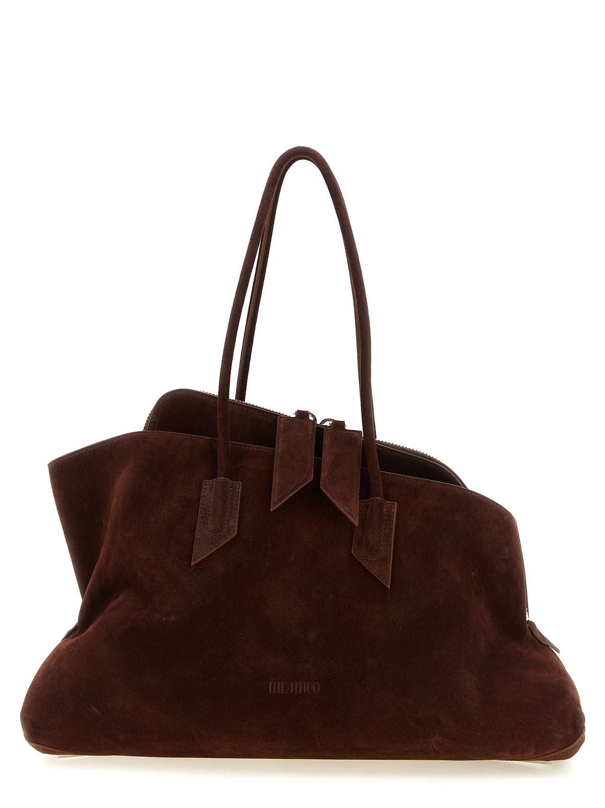 The Attico La Passeggiata Medium Top Handle Bag in light chocolate brown suede.