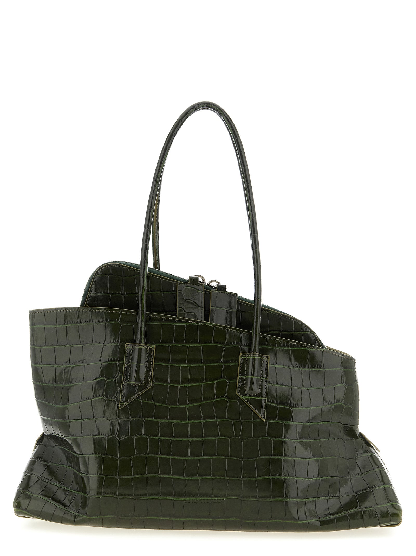 The Attico La Passeggiata Medium Top Handle Bag in dark green crocodile embossed calf leather with tubular handles from The Exclusive Line Singapore.