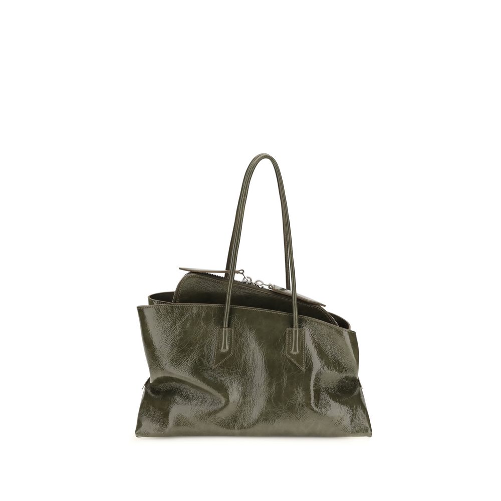 The Attico La Passeggiata Medium Top Handle Bag in high-shine olive brown patent leather.