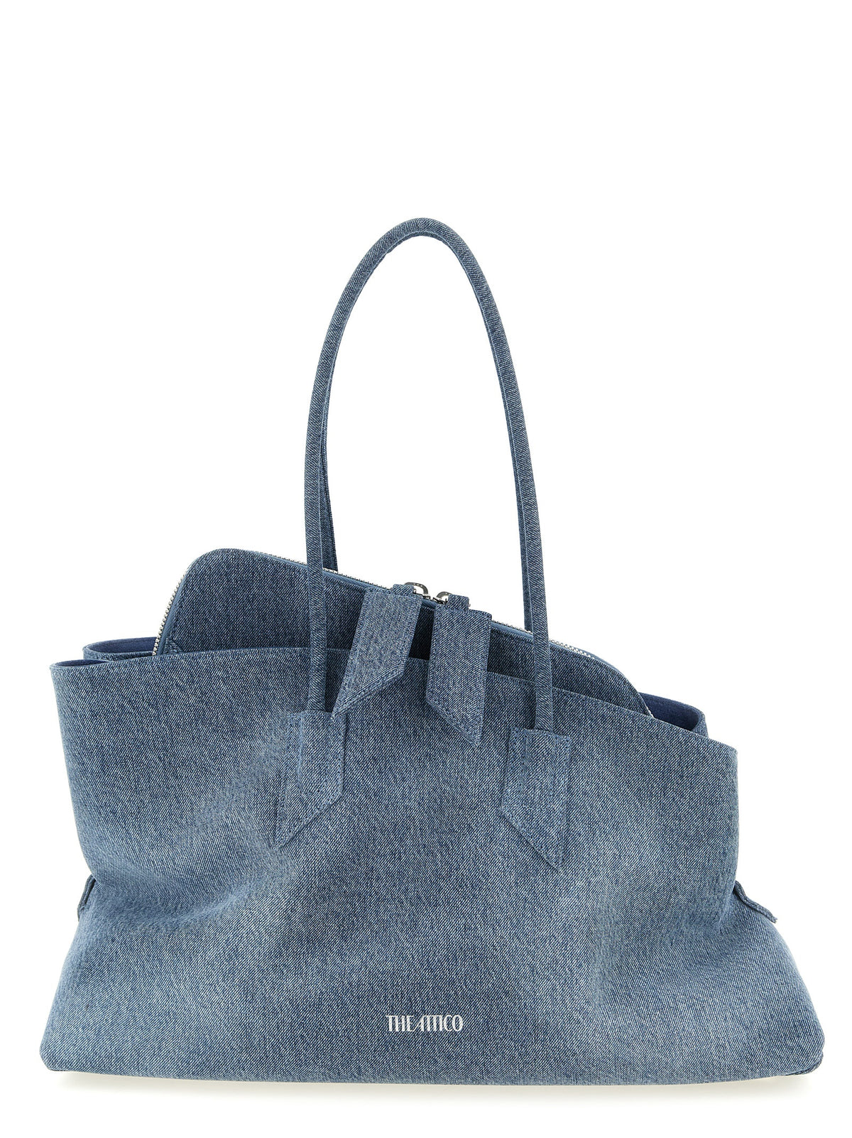 The Attico La Passeggiata Medium Top Handle Bag in washed blue denim with suede lining.