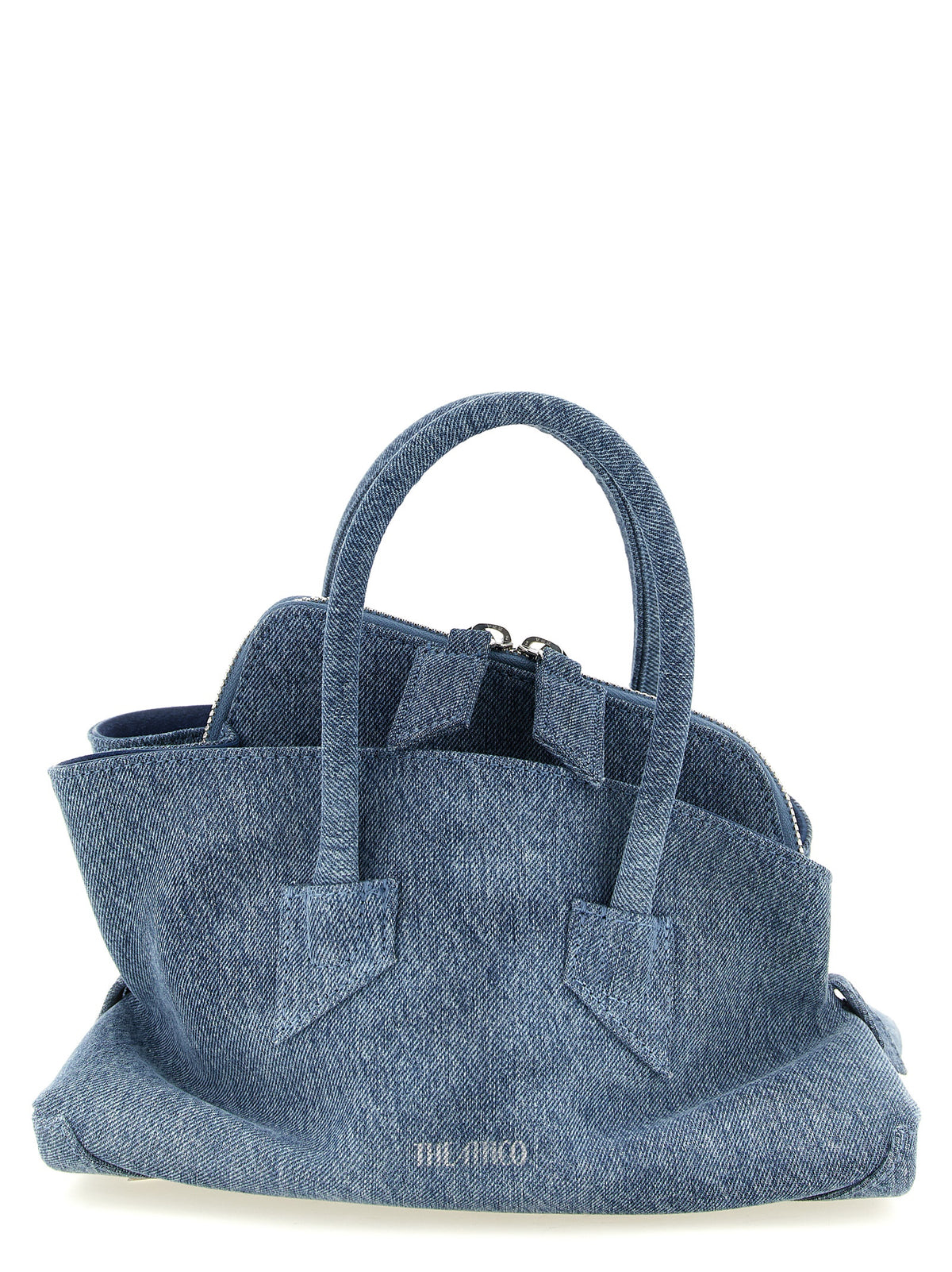 The Attico La Passeggiata Mini Top Handle Bag in washed blue denim with suede lining.