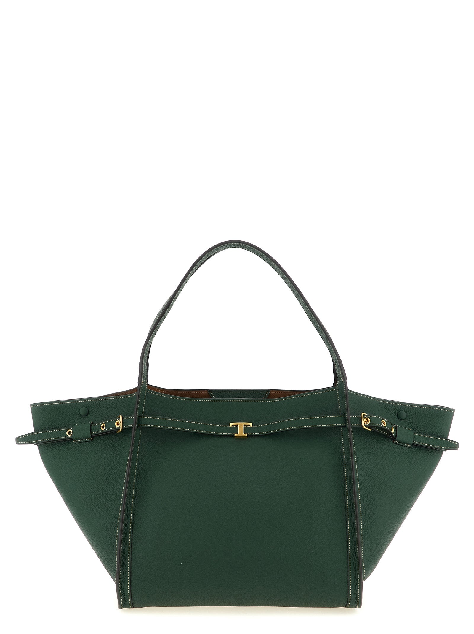 Tod's T Signature Medium Shopping Bag in green calfskin leather featuring the gold-tone T Timeless accessory and dual top handles.
