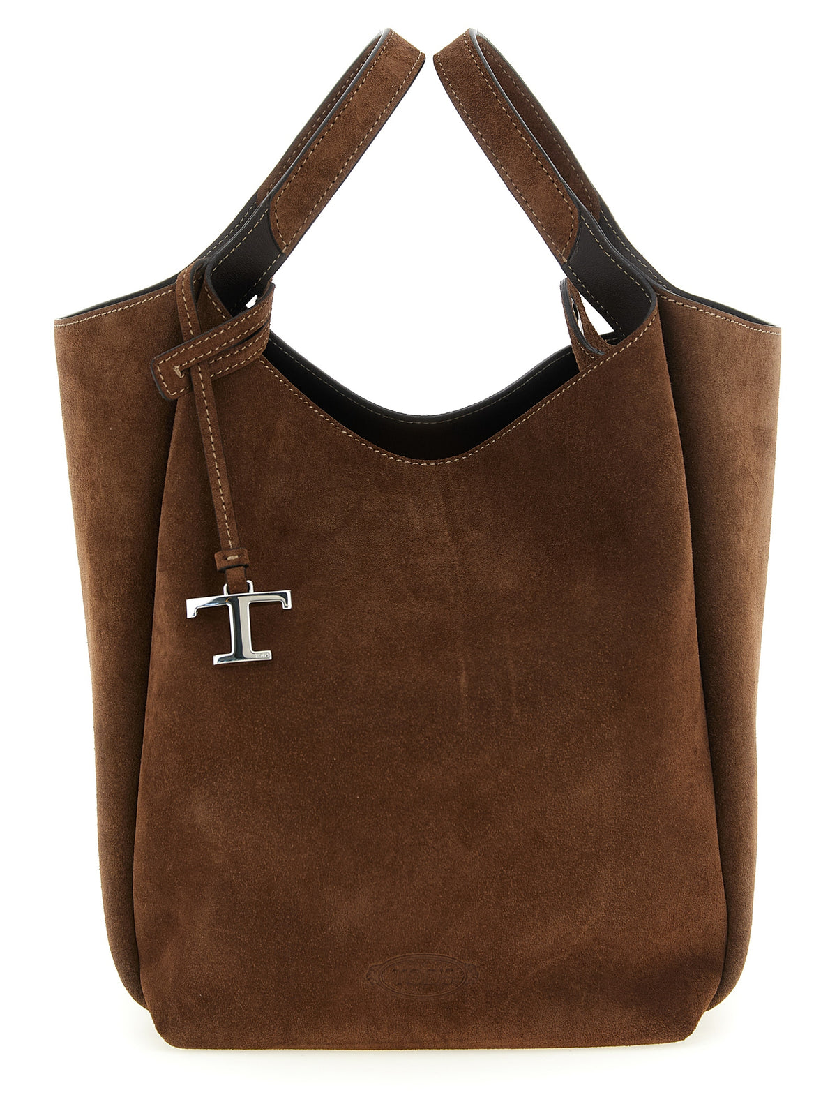 Tod's Small Bucket Bag in brown calfskin suede with silver T Timeless pendant and top handles at The Exclusive Line Singapore.