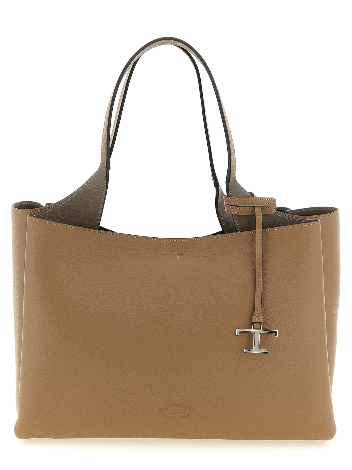 Tod's Medium Bag in brown hammered leather featuring metal T Timeless pendant and dual shoulder handles at The Exclusive Line Singapore.