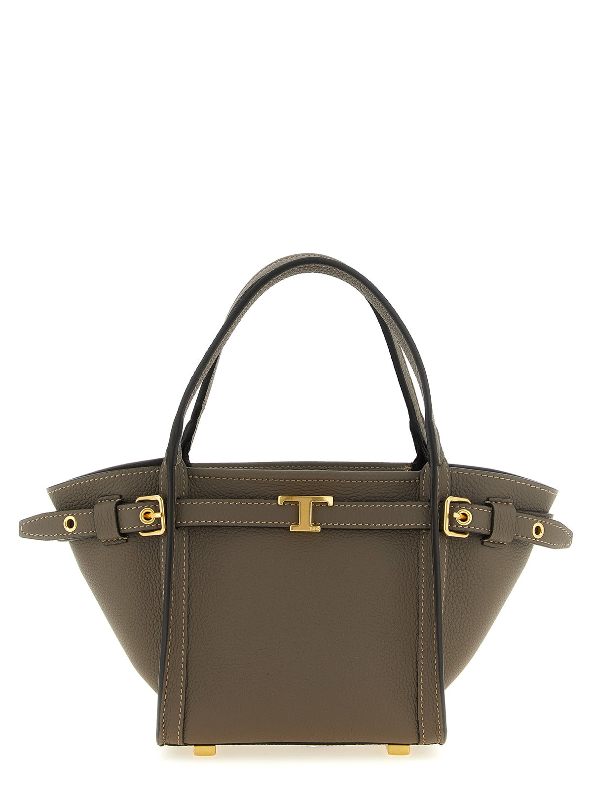 Tod's T Signature Mini Shopping Bag in grey-brown calfskin leather with gold-tone hardware and top handles at The Exclusive Line Singapore.