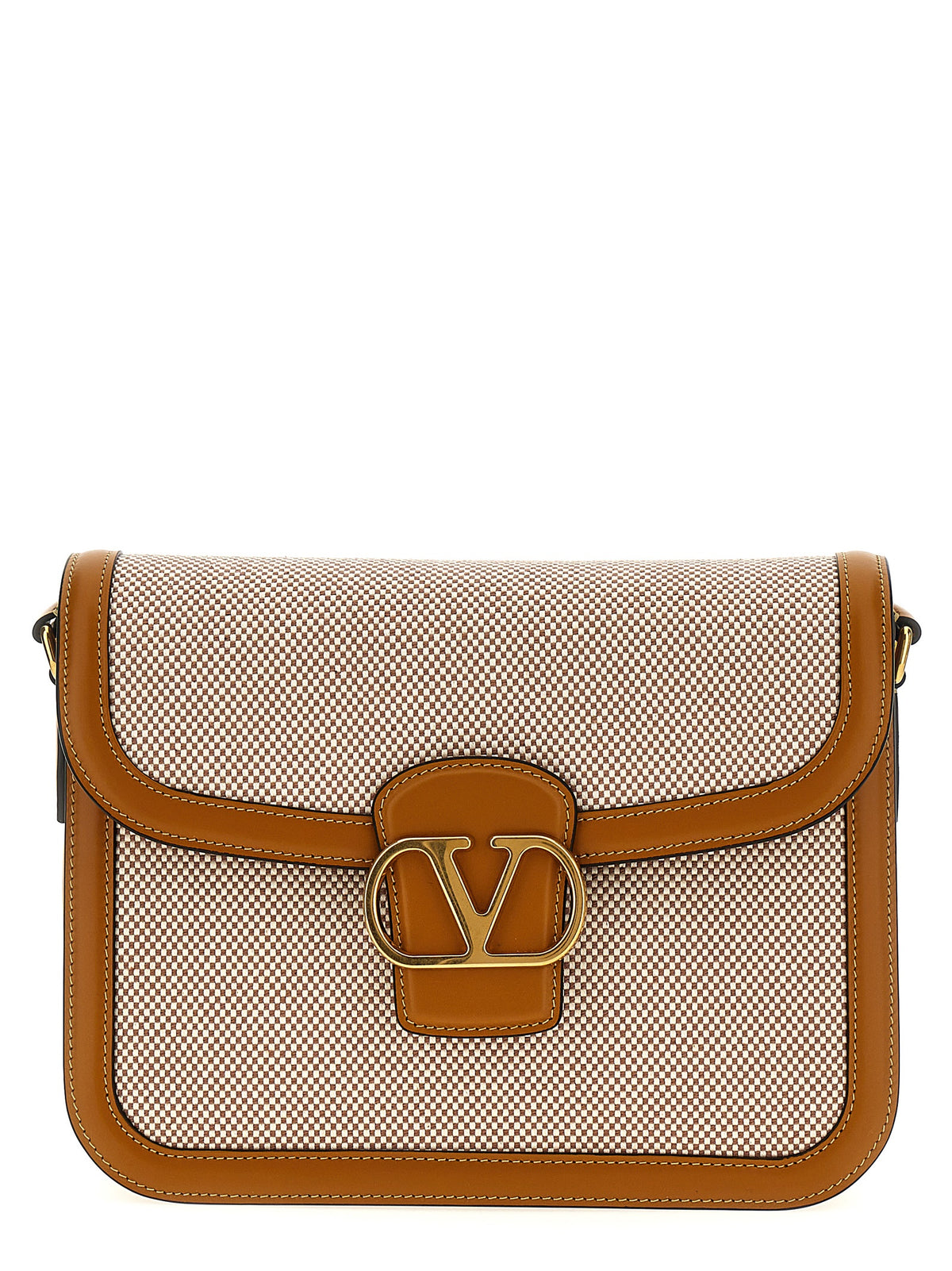 Valentino Garavani 9TO5 shoulder bag in beige canvas with leather trims and antique brass VLogo closure.