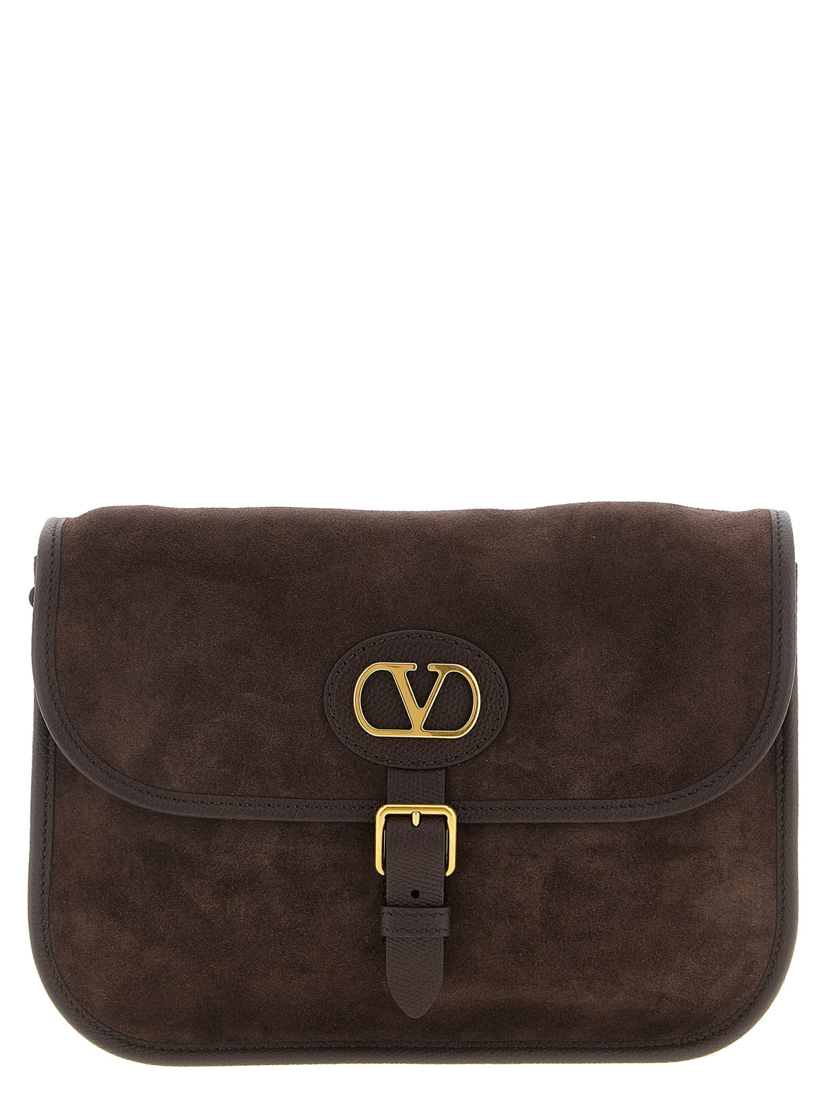 Valentino Garavani Antibes shoulder bag in ebony suede with leather patch detailing and gold VLogo.