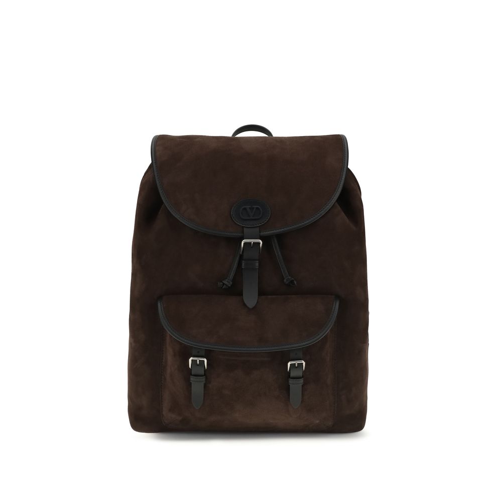 Valentino Garavani Antibes Backpack in Ebony brown suede with palladium-finish hardware and VLogo patch.