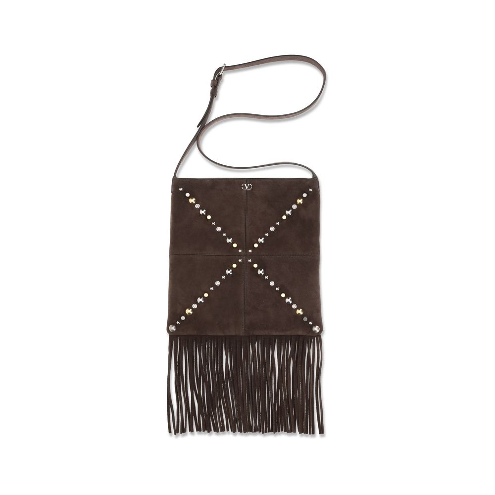 Valentino Garavani Nellcôte Shoulder Bag in Brown Suede Leather with Fringes from The Exclusive Line Singapore.