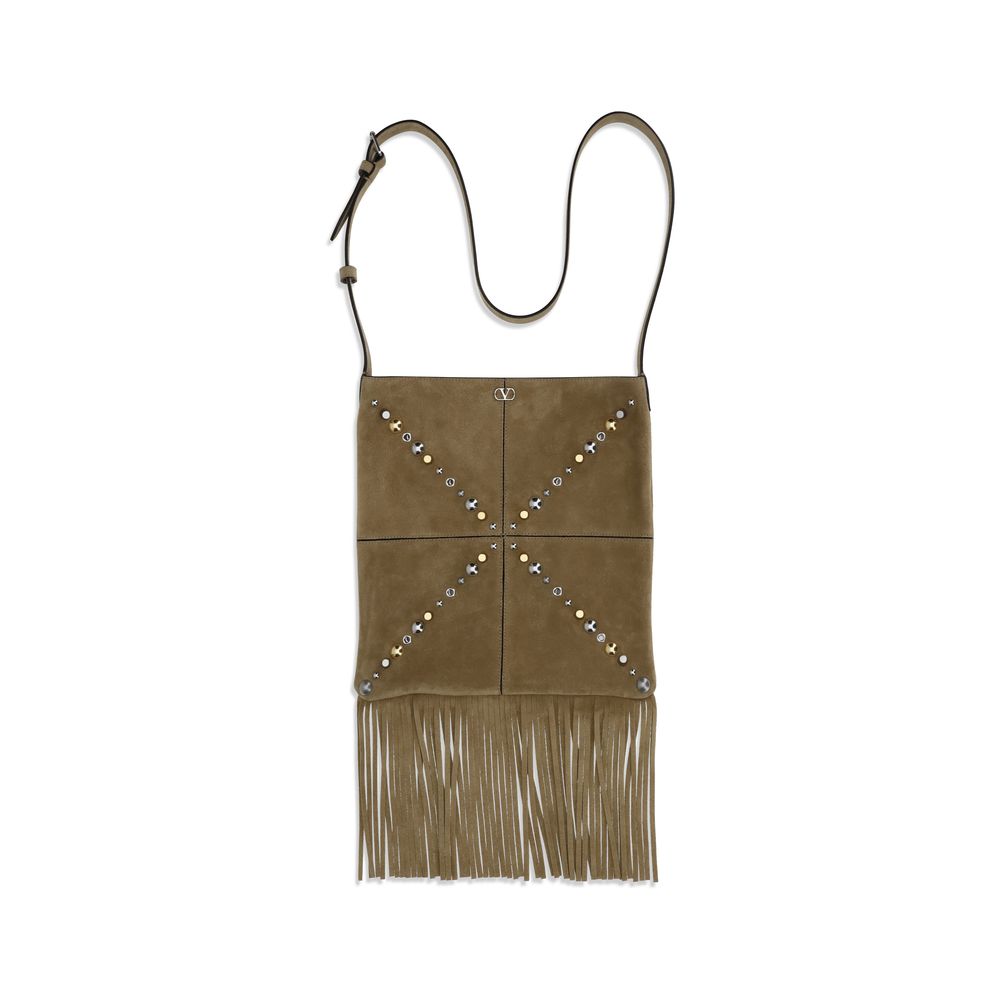 Valentino Garavani Nellcôte Light Brown Suede Shoulder Bag with Long Cascading Fringes and VLogo - The Exclusive Line Singapore