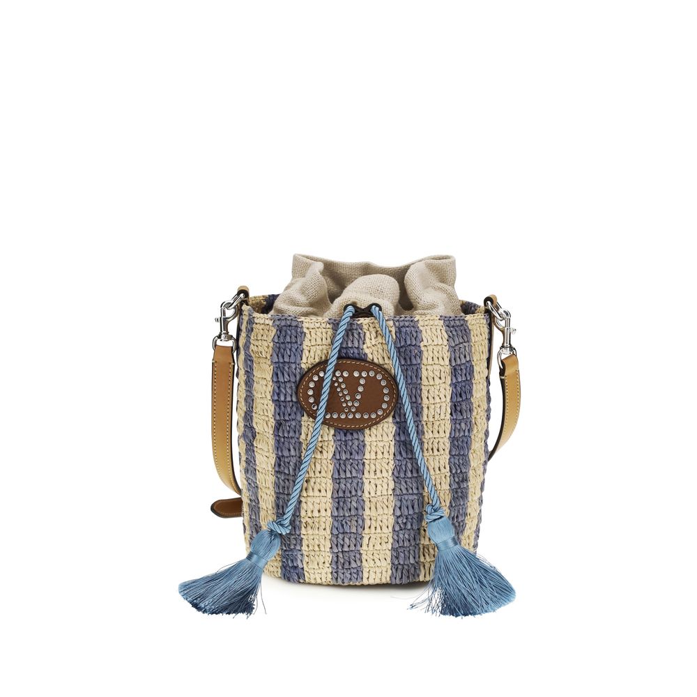 Valentino Garavani Small Bucket Bag in Natural and Azure Striped Raffia with VLogo Leather Patch - available at The Exclusive Line Singapore.