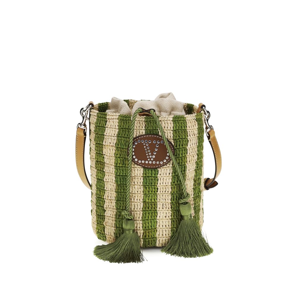 Valentino Garavani Small Bucket Bag in Natural and Green Striped Raffia with VLogo Leather Patch - available at The Exclusive Line Singapore.