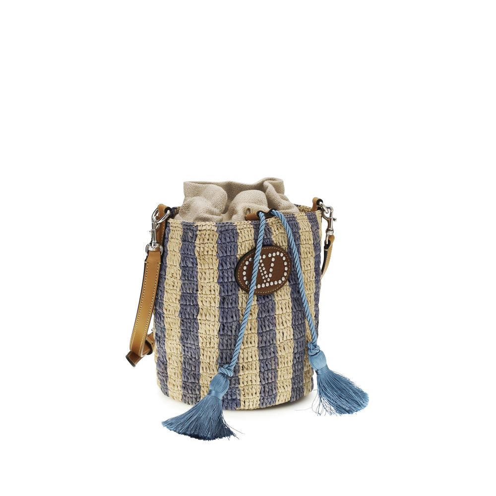 Valentino Garavani Striped Raffia Small Bucket Bag - Natural / Azure