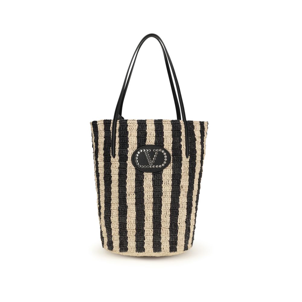 Valentino Garavani Striped Raffia Shopping Bag in Natural and Black with VLogo Leather Patch - available at The Exclusive Line Singapore.