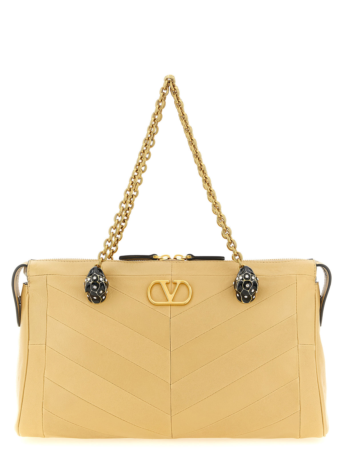 Valentino Garavani Panthea shoulder bag in gold beige chevron nappa leather with Swarovski crystal feline heads.