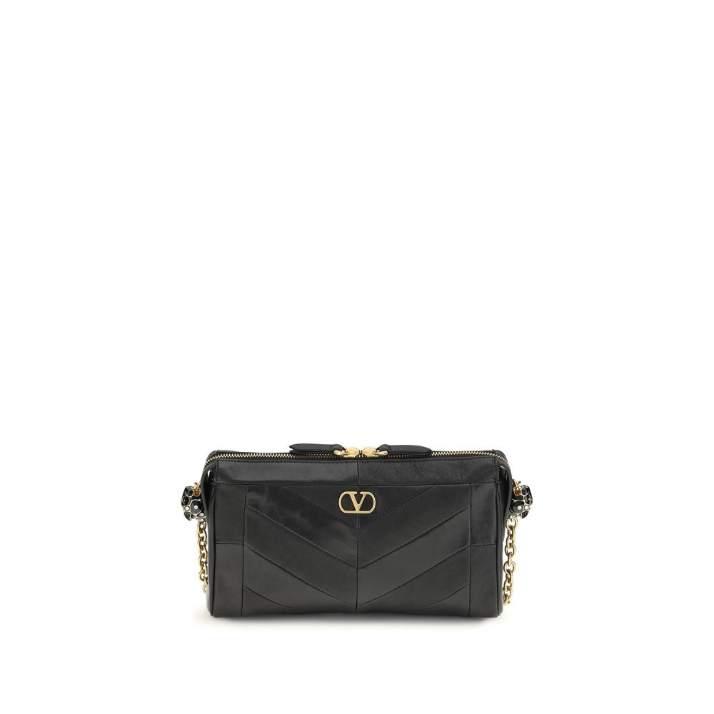 Valentino Garavani Panthea small shoulder bag in black chevron nappa leather with Swarovski crystal feline heads.