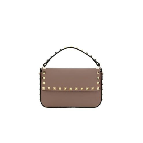Valentino Garavani Rockstud Pouch in Poudre nude grainy calfskin leather with platinum-finish studs.