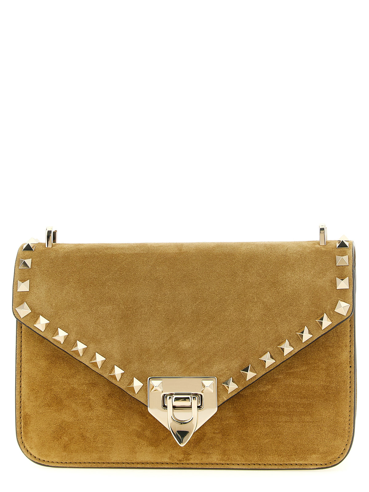 Valentino Garavani Rockstud small shoulder bag in Havana beige suede with platinum studs.