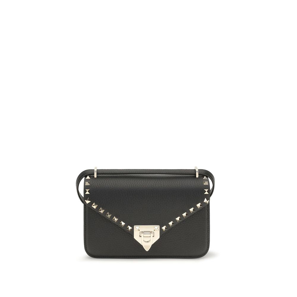 Valentino Garavani Rockstud small shoulder bag in black grainy calfskin with platinum-finish studs.