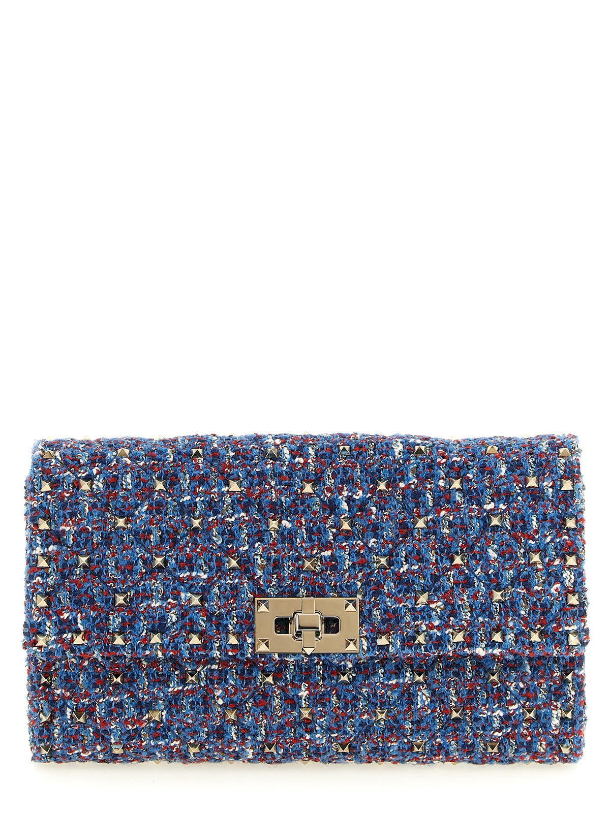 Valentino Garavani Rockstud Spike crossbody clutch bag in blue multicolor woven tweed with platinum studs.