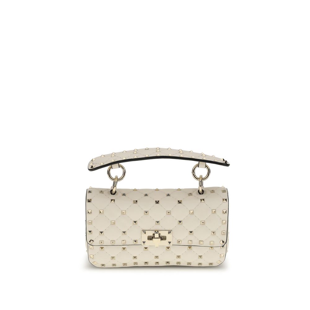 Valentino Garavani Rockstud Spike small shoulder bag in light ivory quilted nappa leather with platinum studs.