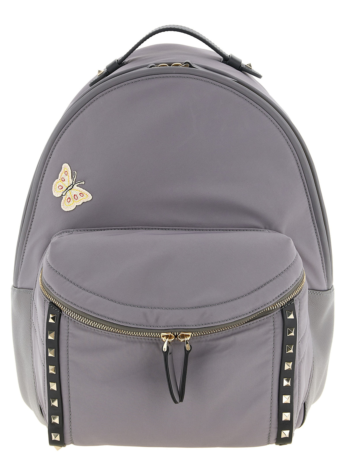 Valentino Garavani Rockstud Stud Up backpack in grey technical fabric with butterfly embroidery and platinum studs.