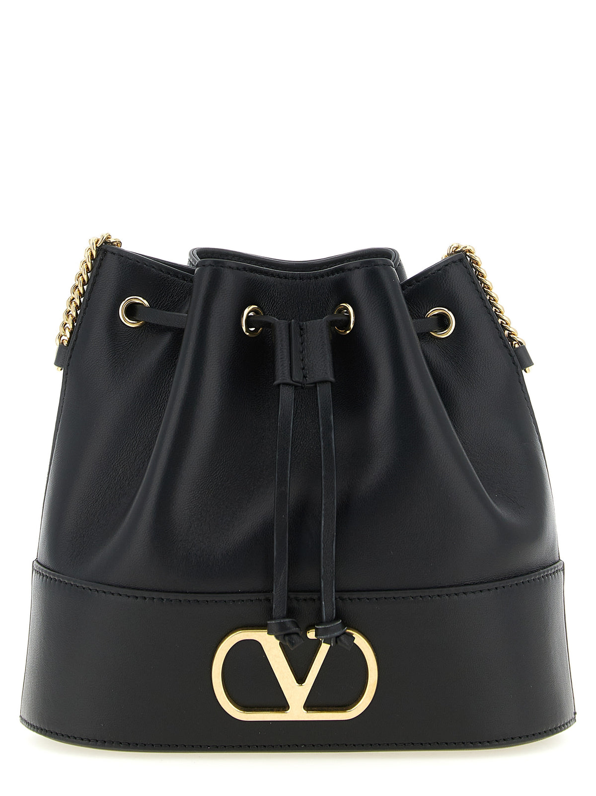 Valentino Garavani VLogo Signature mini bucket bag in black nappa leather with gold hardware and chain strap.