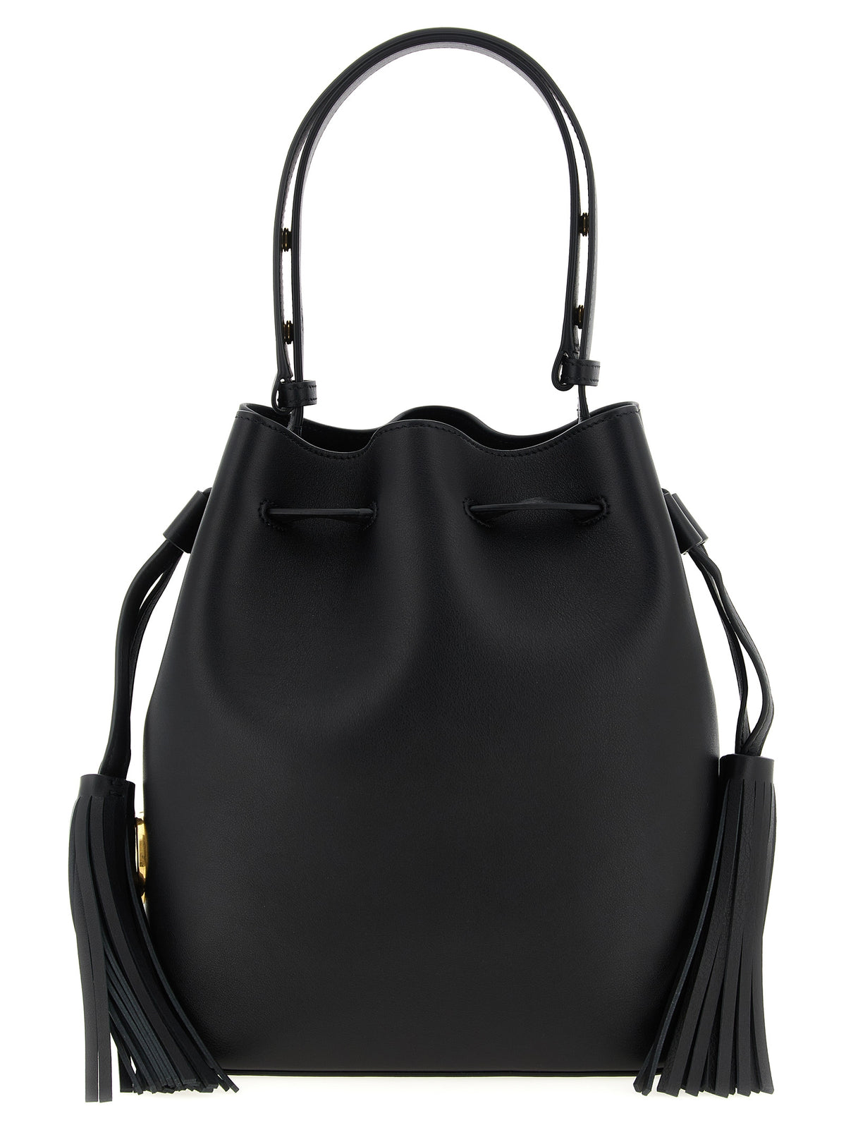 Valentino Garavani VLogo Signature bucket bag in black calfskin leather with drawstring tassels and antiqued metal logo.