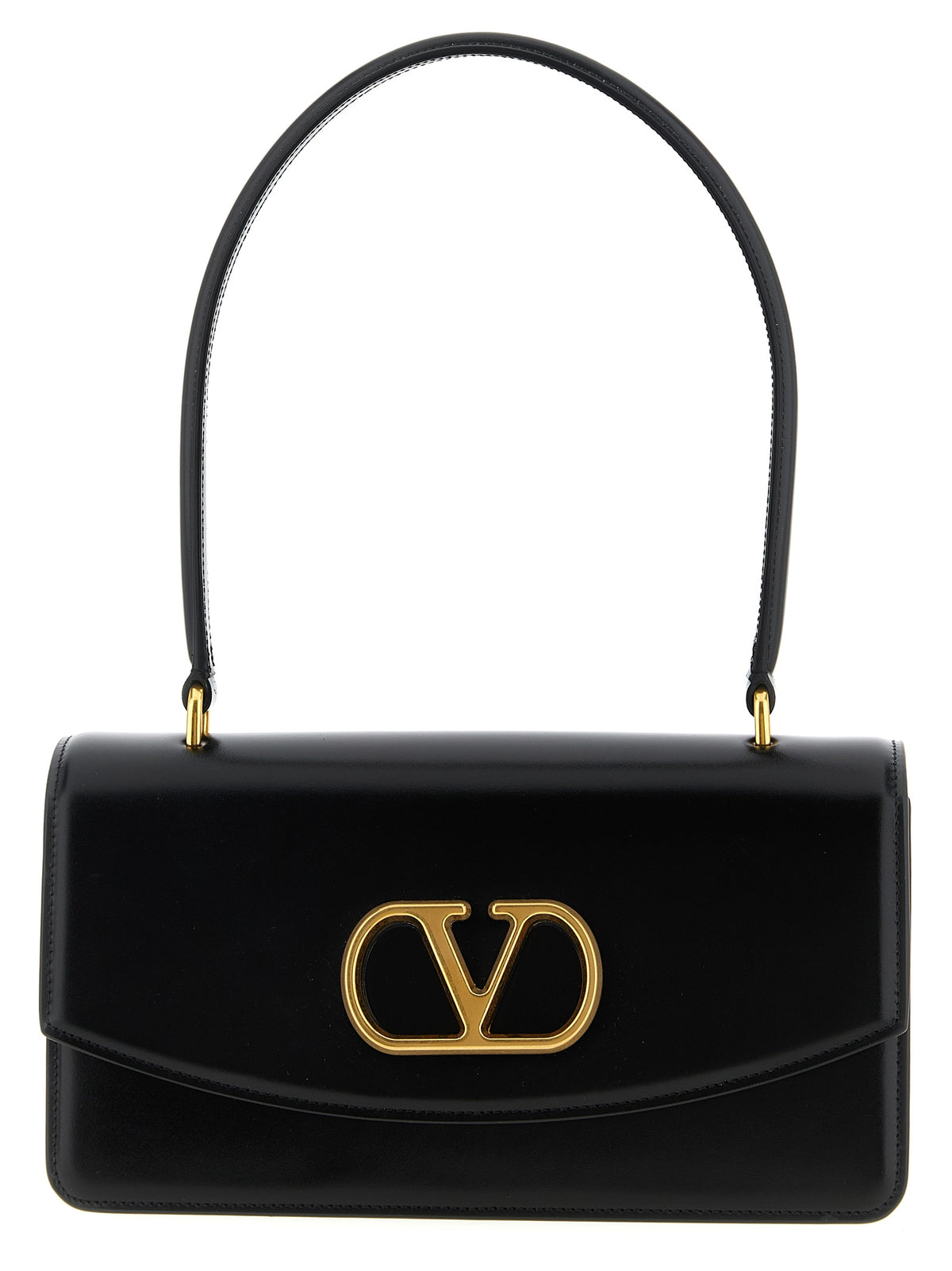 Valentino Garavani Vain shoulder bag in shiny black glossed calfskin leather with antique brass VLogo closure.