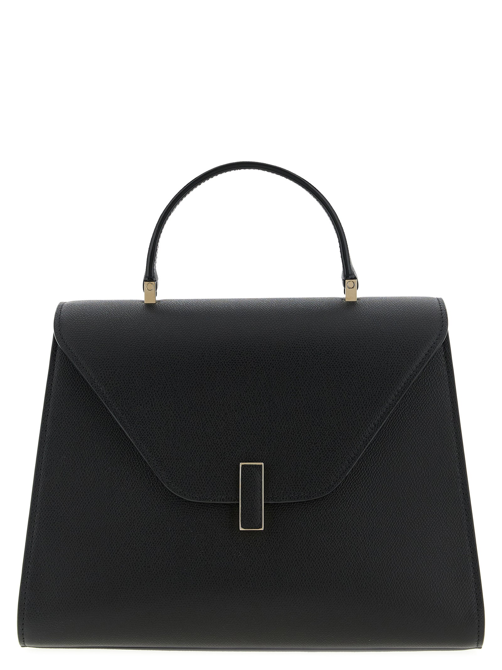 Valextra Iside Large Top Handle Bag in Black Millepunte calf leather featuring gold-tone clasp closure and handpainted Costa edges
