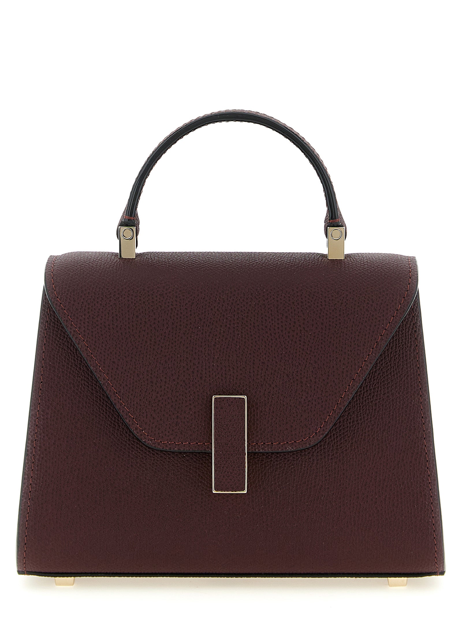 Valextra Iside Micro Top Handle Bag in Bordeaux Millepunte calf leather featuring a structured silhouette and gold-tone clasp closure