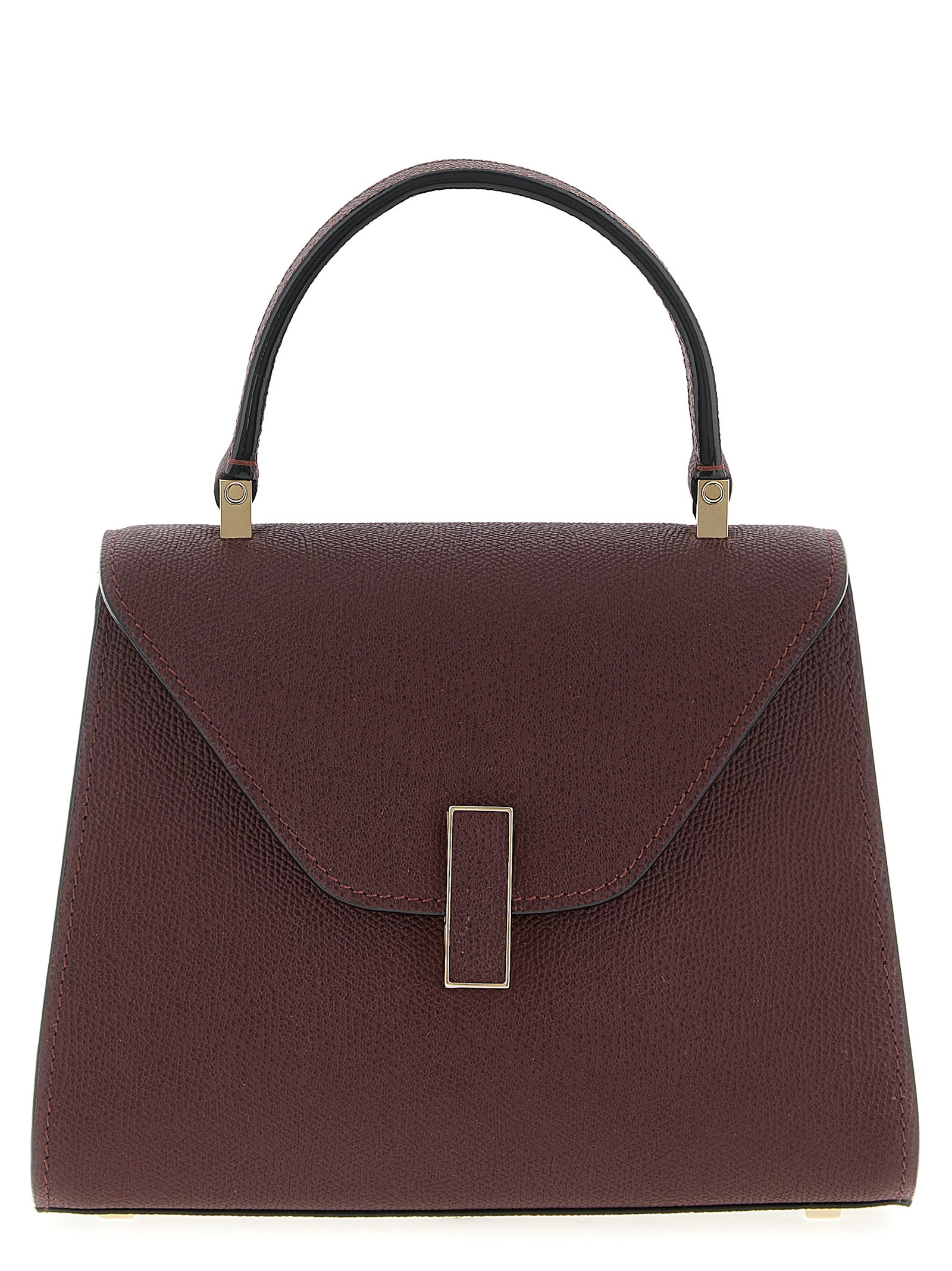Valextra Iside Mini Top Handle Bag in Bordeaux Millepunte calf leather with structured silhouette and leather-coated clasp