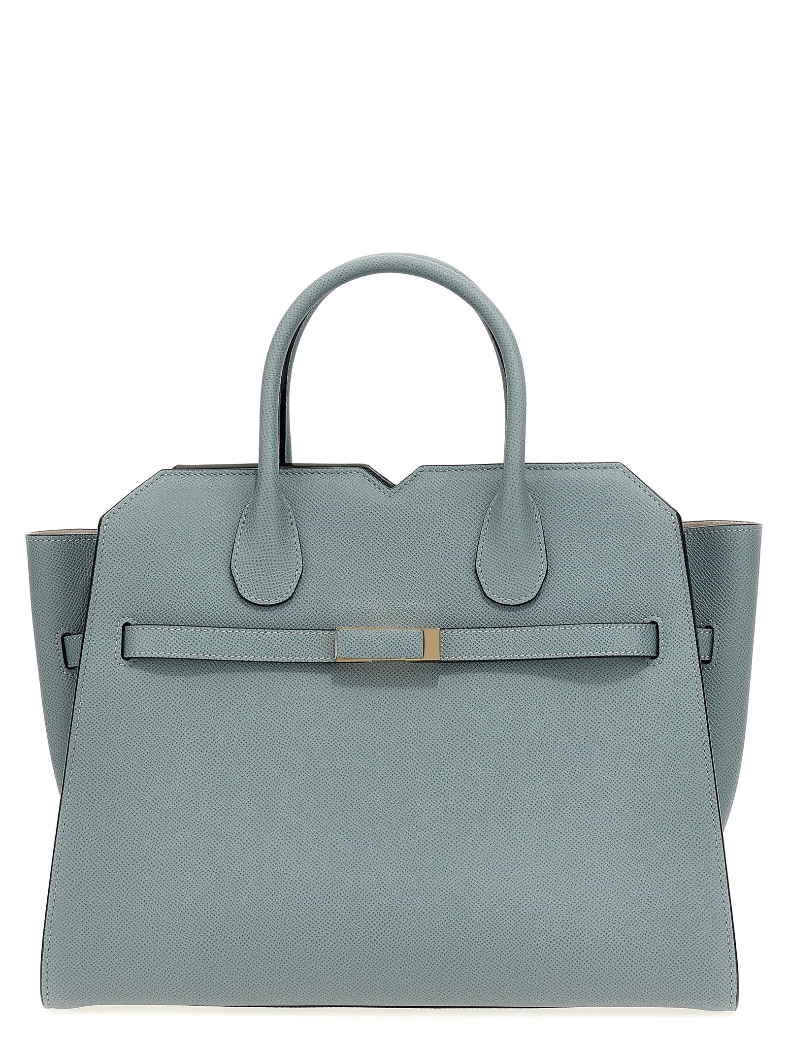 Valextra Milano Medium Top Handle Bag in Niagara Blue Soft Millepunte leather with handpainted black Costa edges and gold-tone clasp