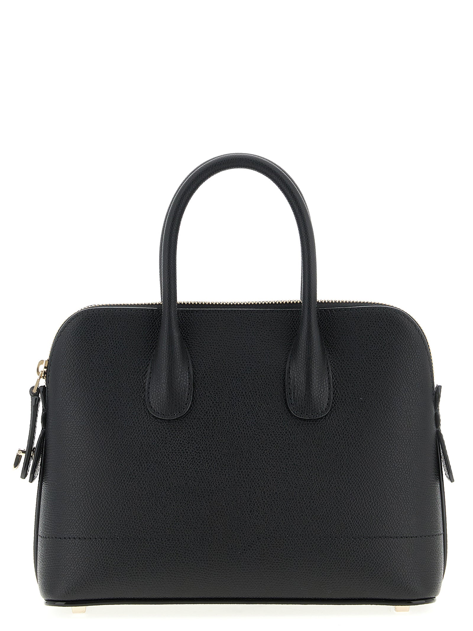 Valextra MyLogo Bowling Mini Bag in Black Millepunte calf leather featuring two top handles, grey suede interior, and signature black Costa edges from The Exclusive Line Singapore.