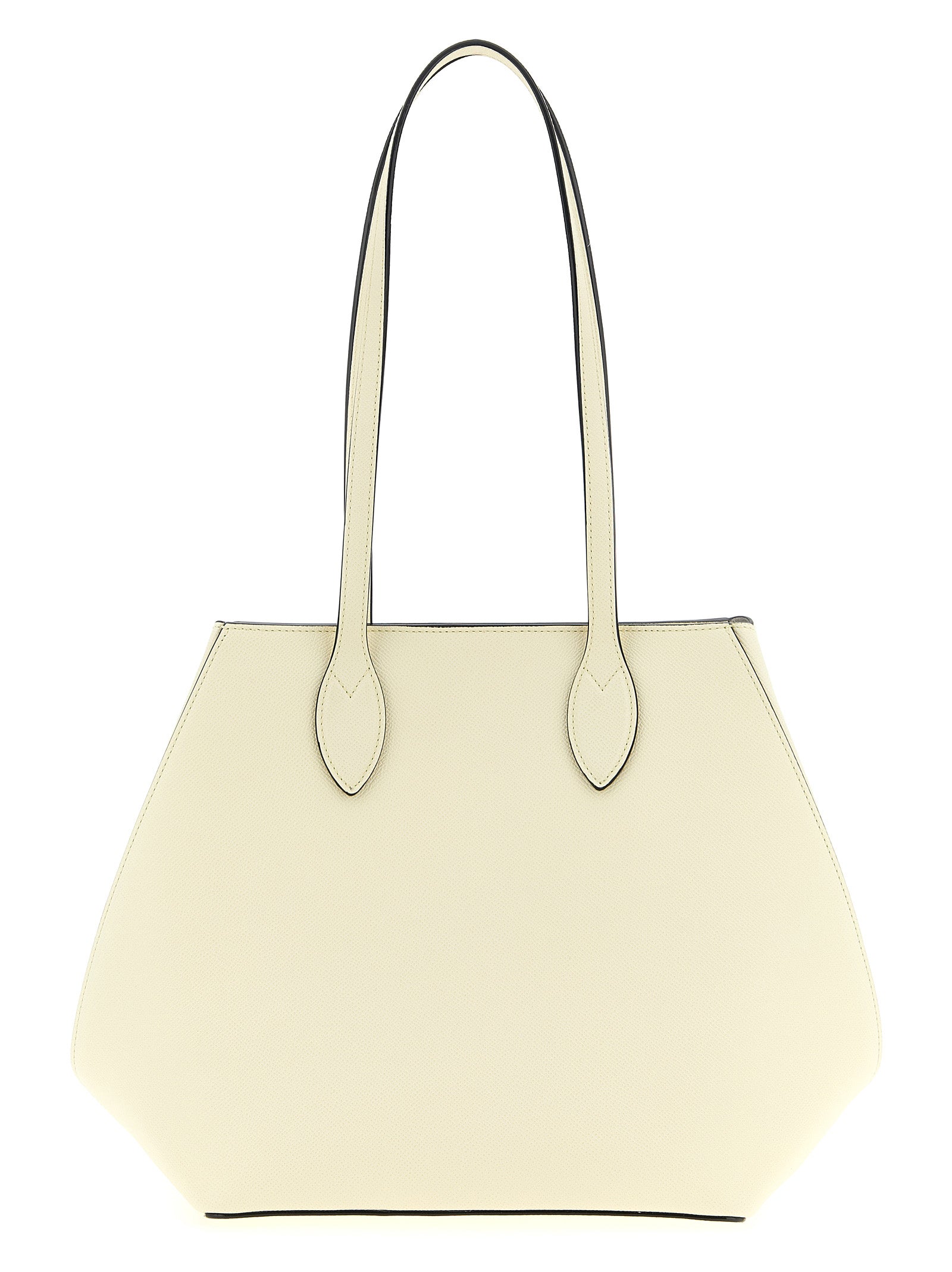 Valextra Vivi Shopping Medium Bag in White Soft Millepunte leather with handpainted black Costa edges and expandable folding sides from The Exclusive Line Singapore.