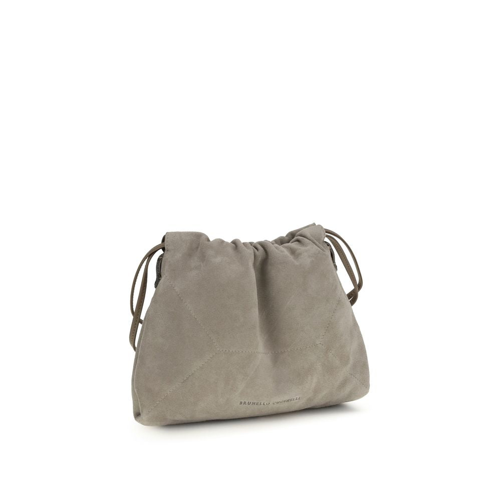 Brunello Cucinelli BC Duo Pouch Bag in Gray Suede with Monili